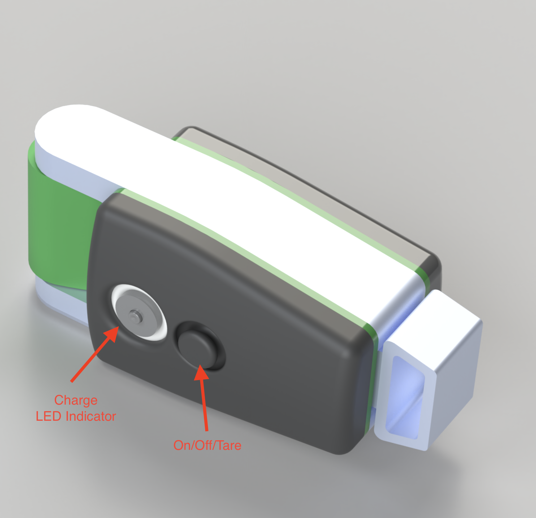 The TensionCARE sensor with on-off switch, magnetic charging socket and indicator light